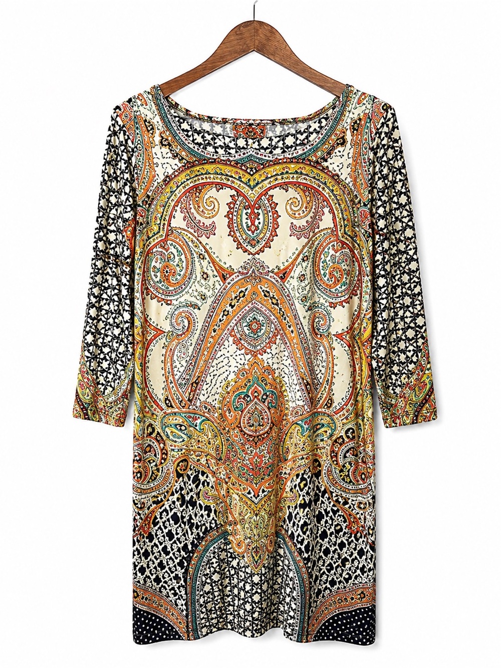 ISLE Apparel Mixed Print Paisley Tunic Dress Size Large Boho Stretch 3/4 Sleeve